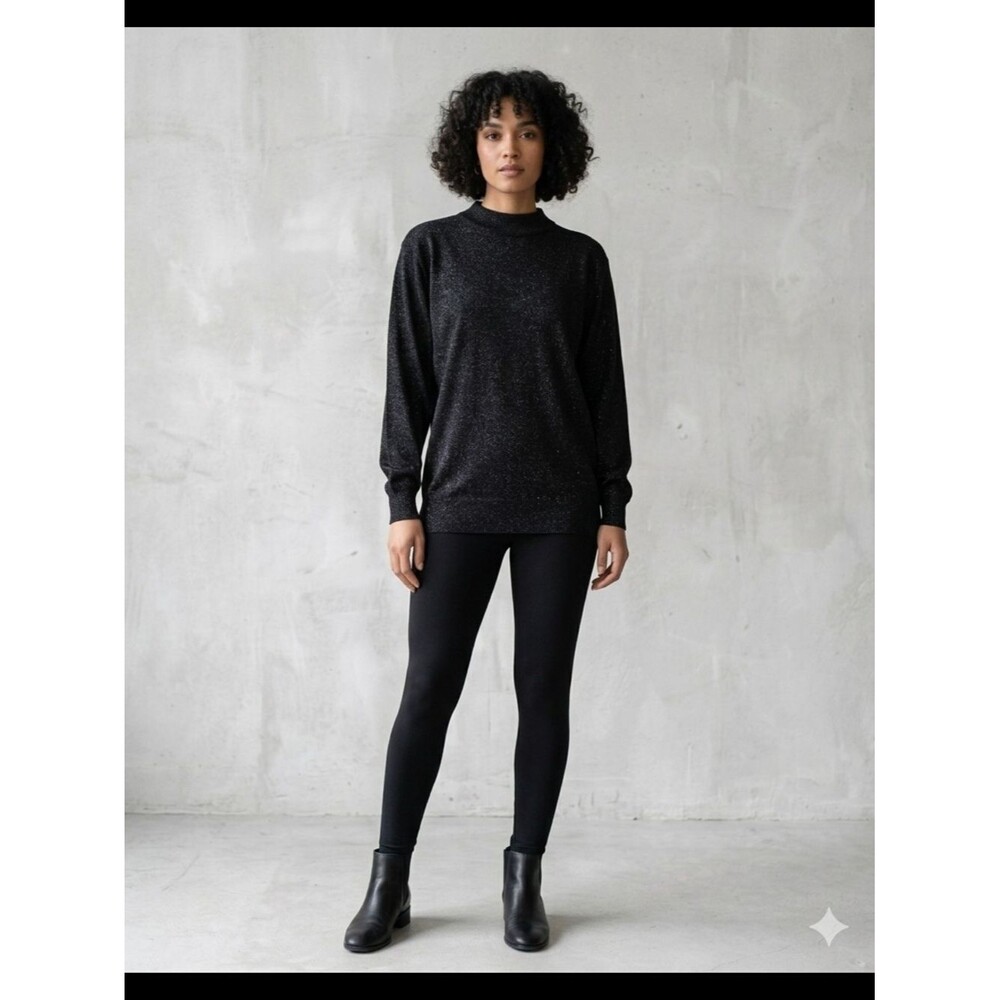 Vintage Sarah Bentley Black Metallic Shimmer Mock Neck Knit Sweater XL